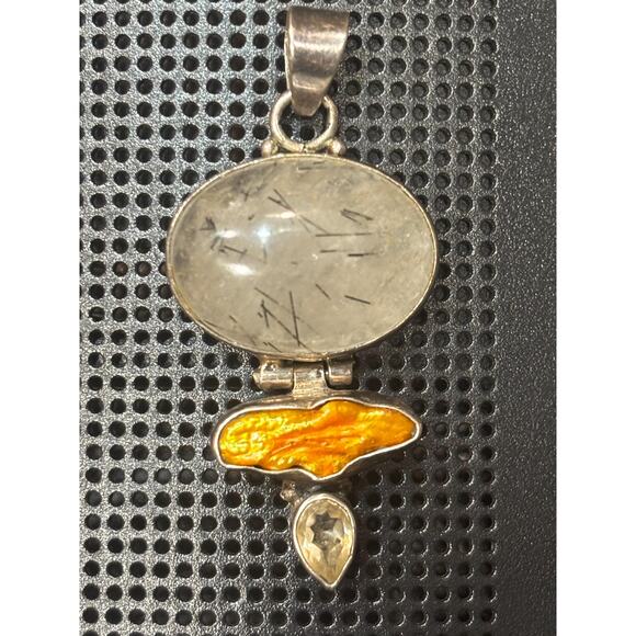 Sterling Silver Articulated Totem Pendant Tourmalinated Quartz Amber & Citrine - Picture 2 of 5